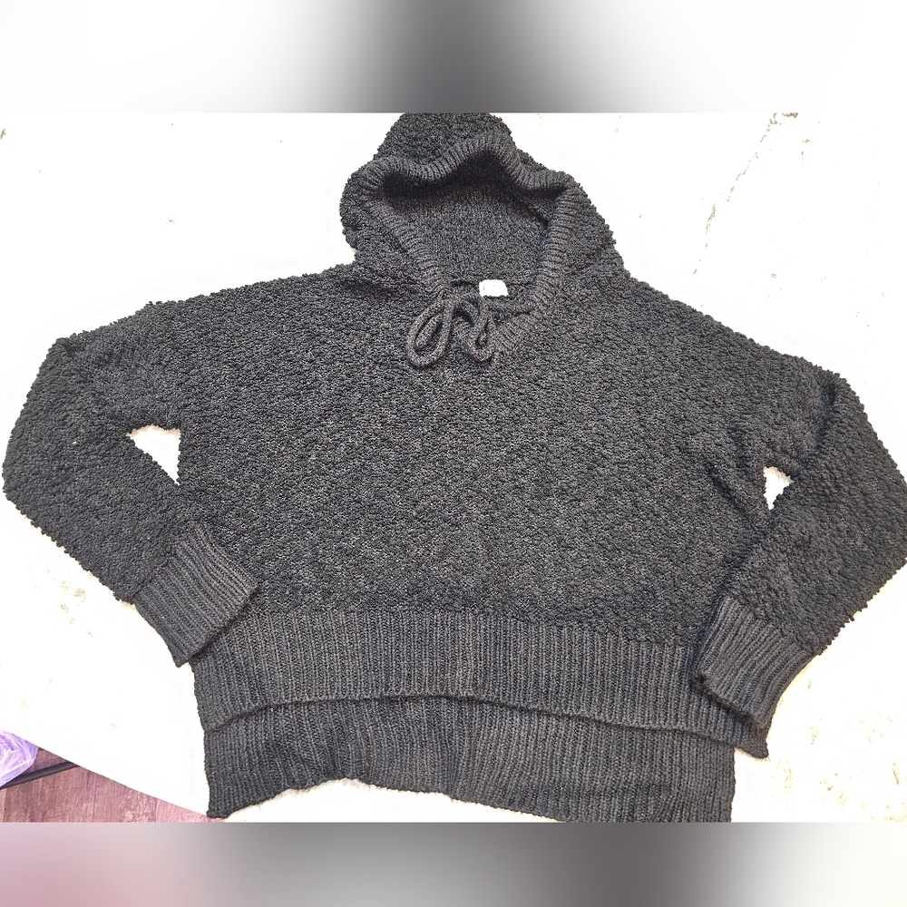 POL Black Textured Knit Hoodie Sweater Women’s Size S Cozy Boho Pullover - Picture 1 of 10